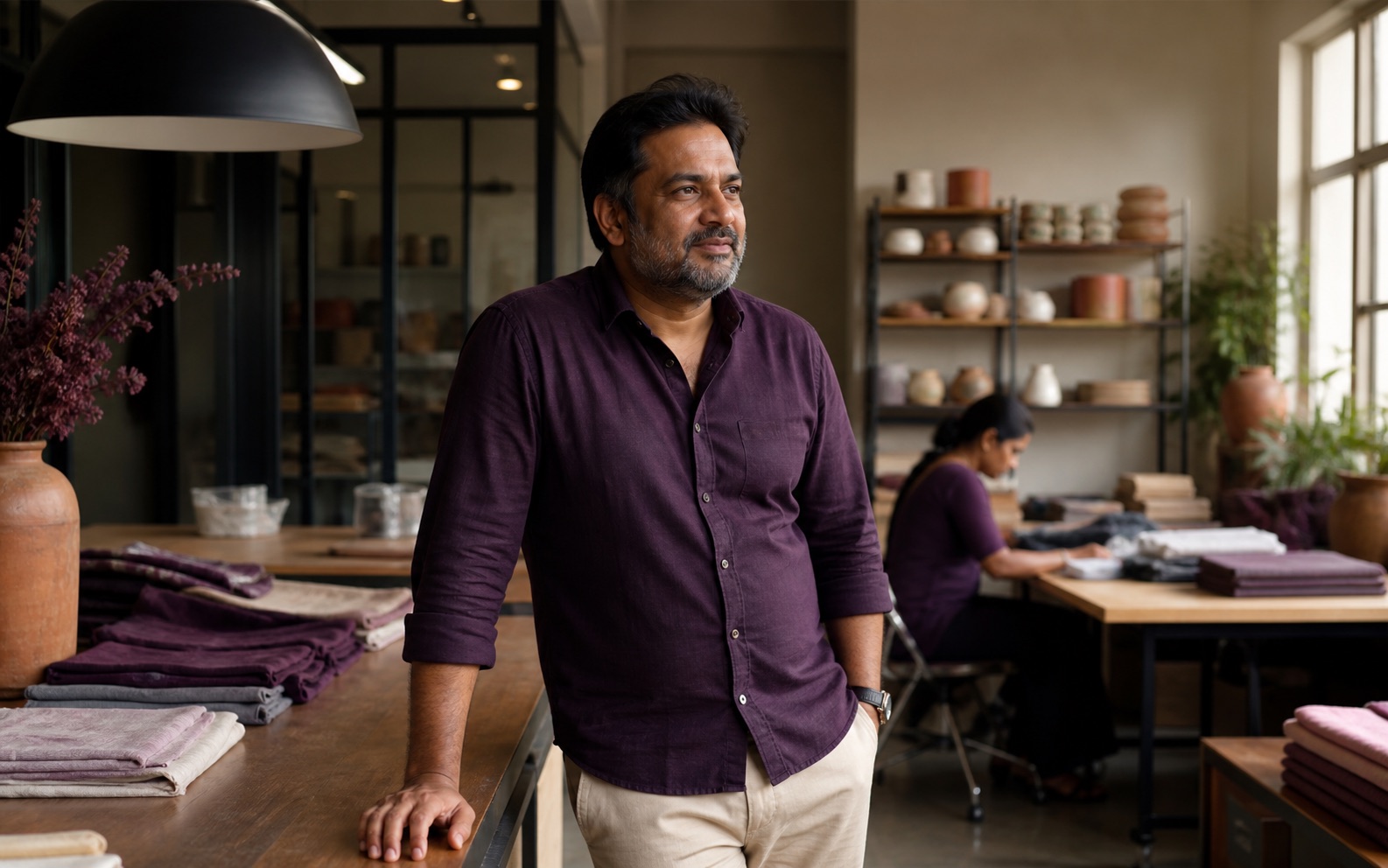 An Indian business owner in a warm contemporary workshop
