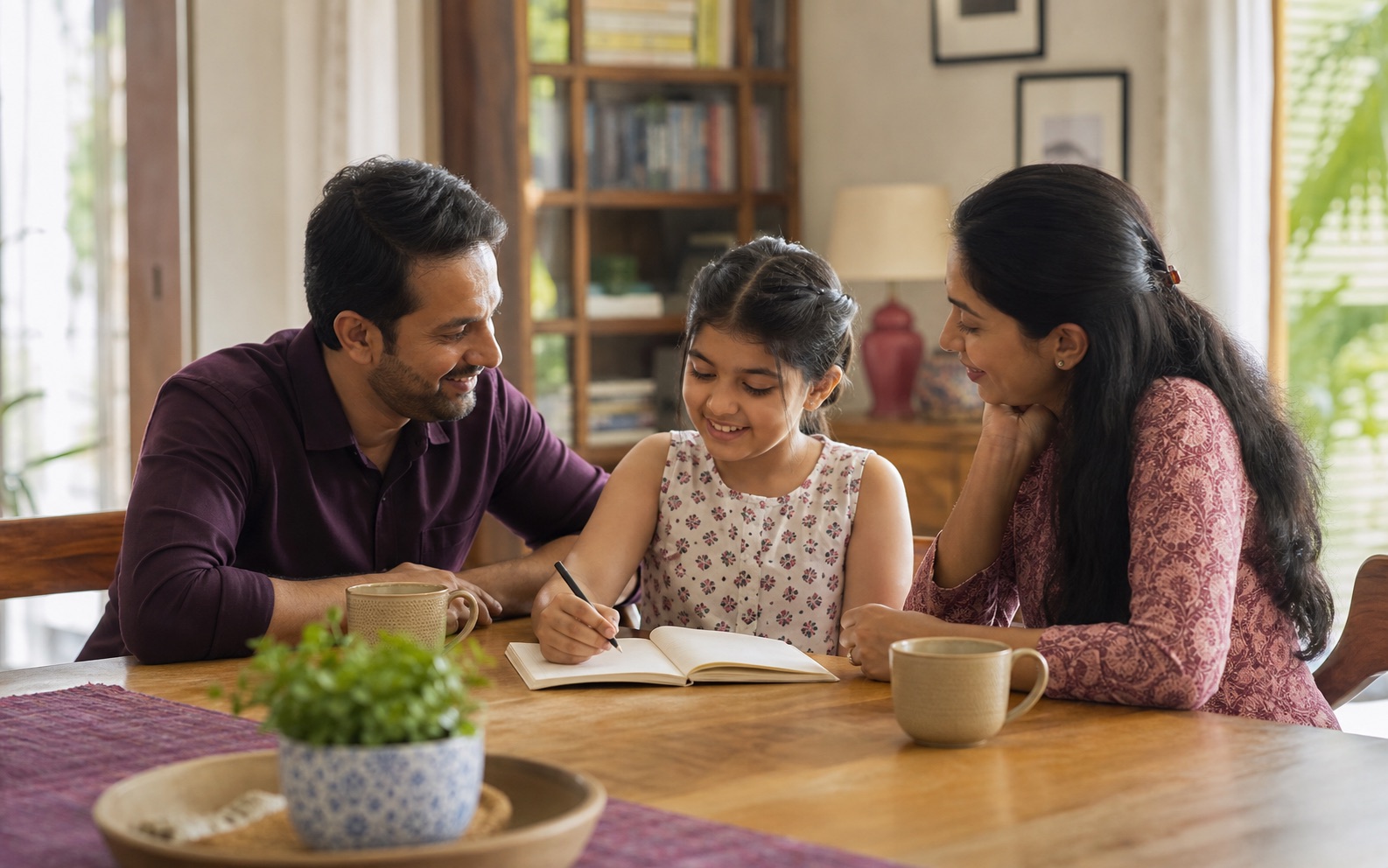 An Indian family sharing a planning moment at their dining table