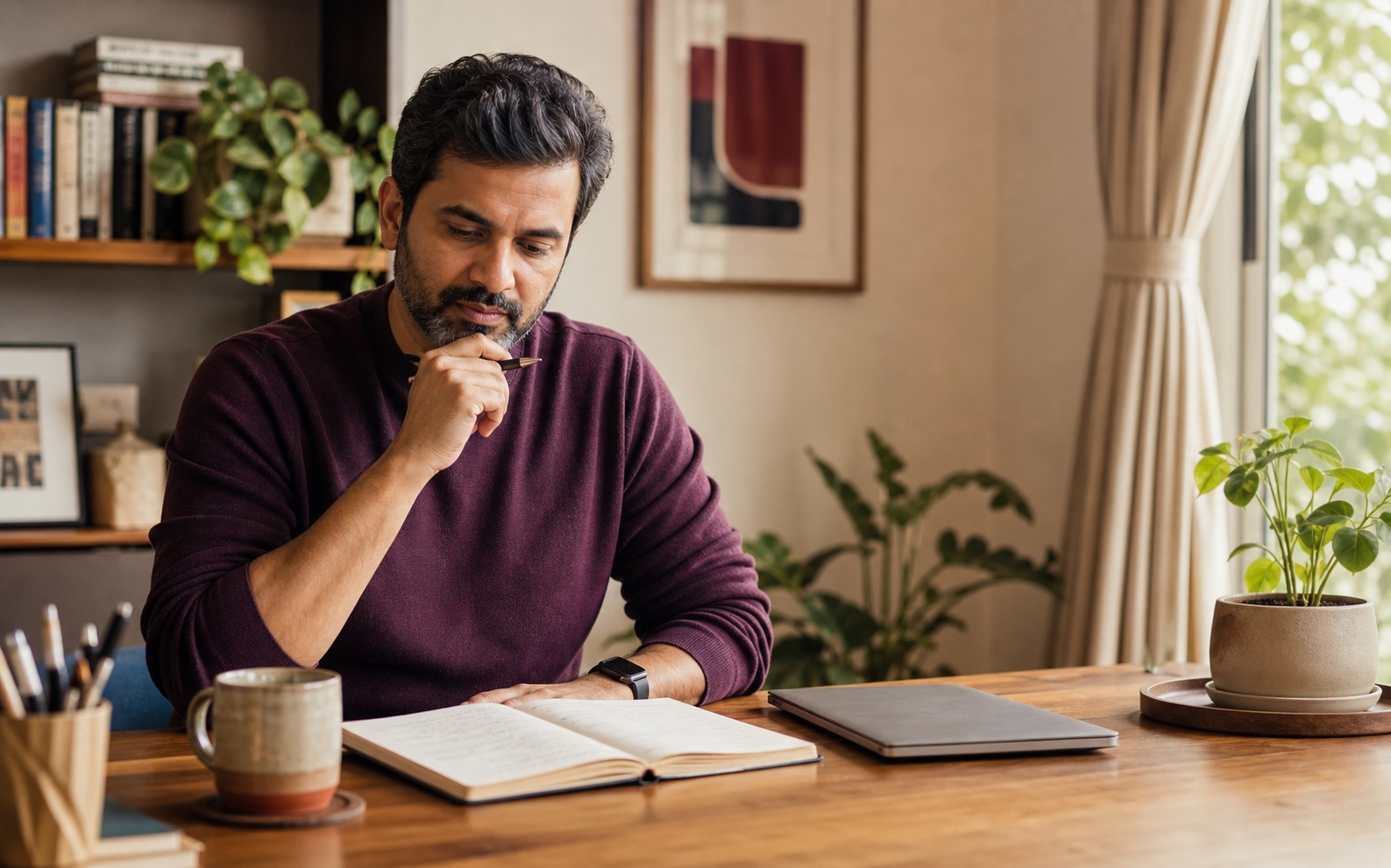 An Indian technology professional reflecting on plans at a desk
