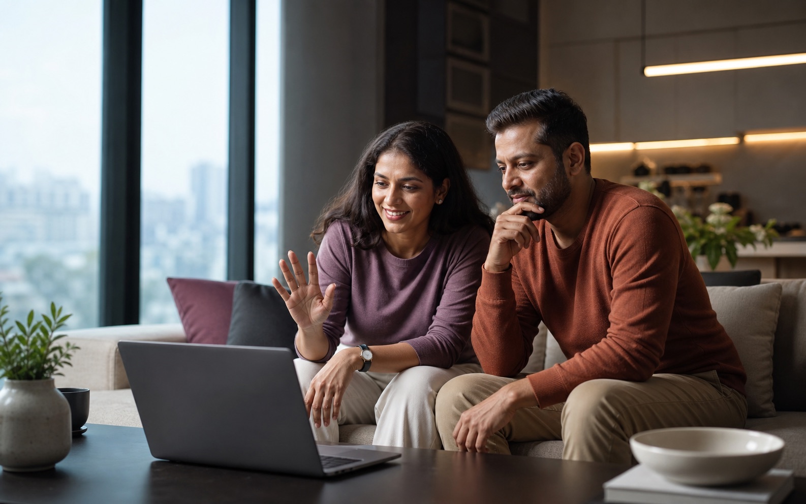 An Indian couple abroad speaking over a laptop from home