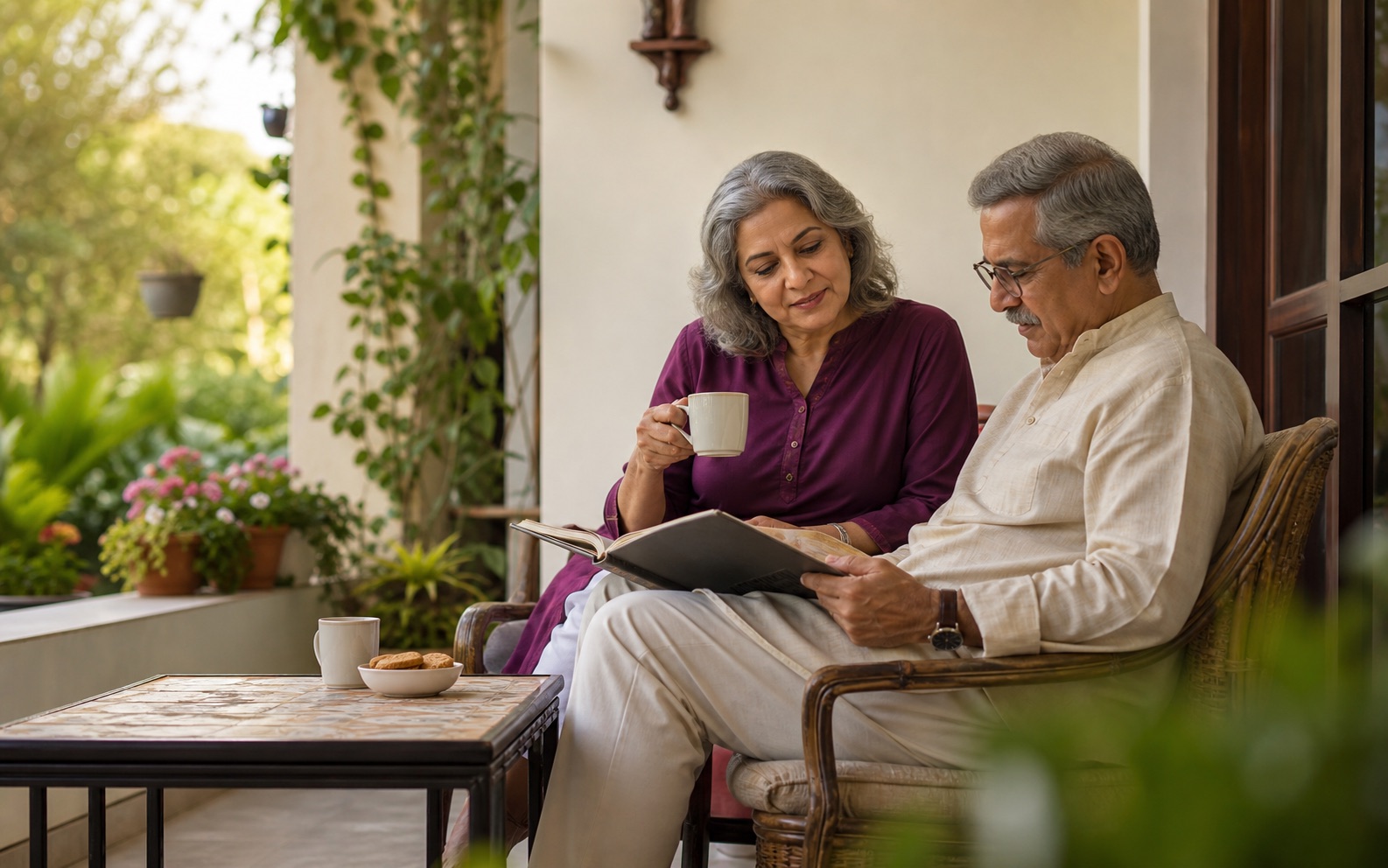 An active retired Indian couple reviewing a notebook on their veranda