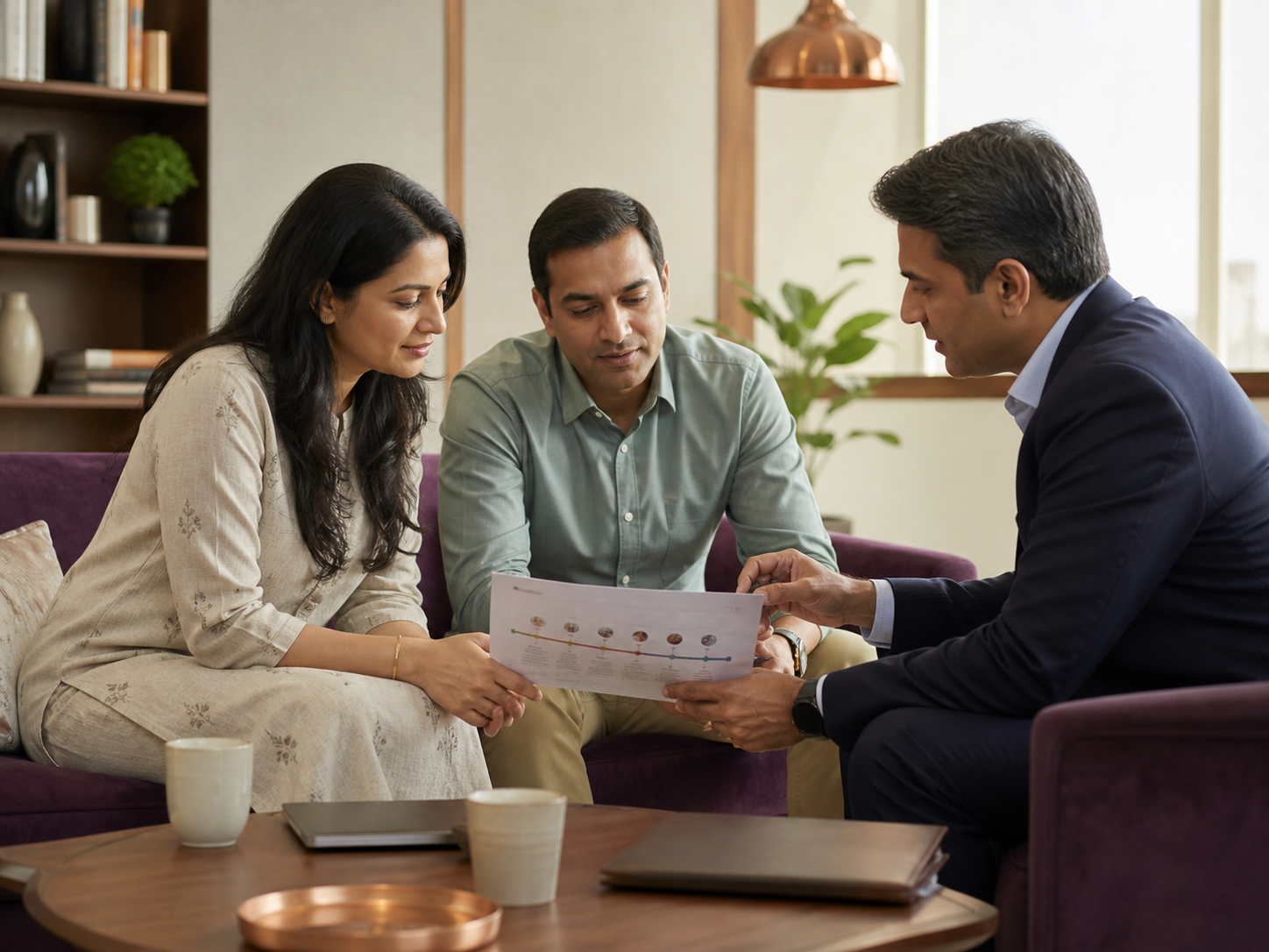 An Indian couple mapping family goals with a financial planner